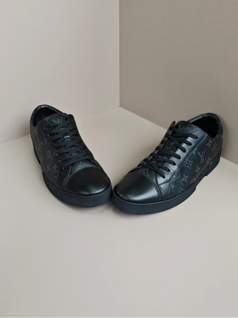 Louis Vuitton Men’s Black Monogram Leather Low-Top Sneakers - Picture 2 of 6